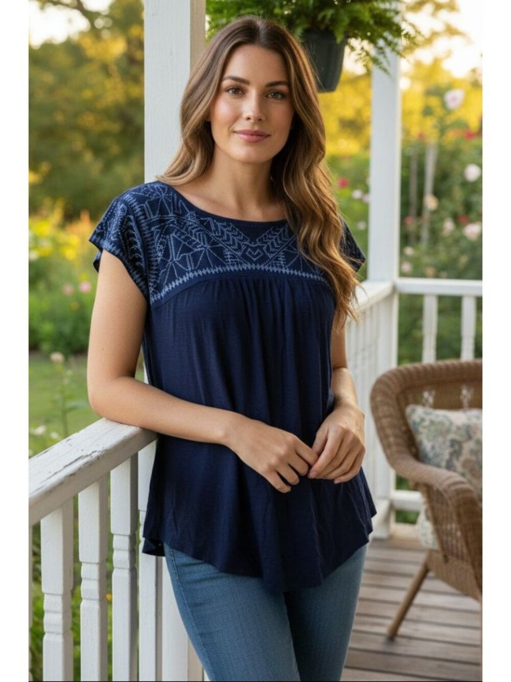 Cable & Gauge M Embroidered Boho Top Short Sleeve Boat Neck Slub Knit Blouse